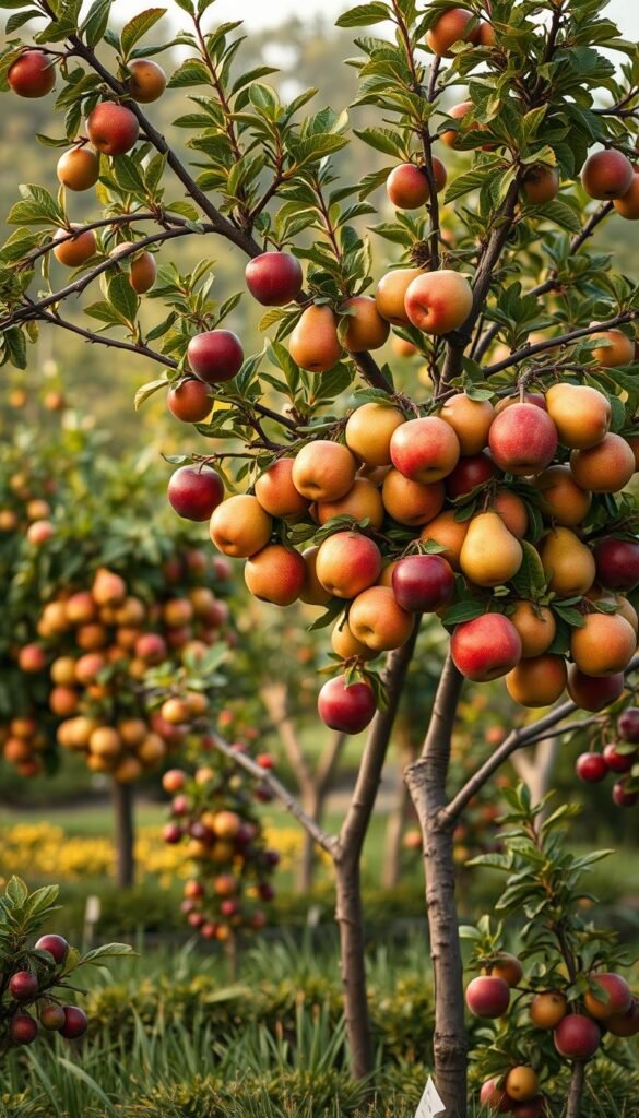 A lush, meticulously cultivated small fruit garden, showcasing an array of grafted fruit tree varieties. In the foreground, a central, well-pruned tree displays a harmonious blend of ripe, juicy apples, pears, and plums, its branches reaching outward in a natural, organic arrangement. In the middle ground, complementary dwarf fruit trees, such as cherries and peaches, flank the central specimen, their vibrant foliage and burgeoning fruit clusters creating a visually striking composition. The background is filled with a soft, hazy blur, allowing the viewer's focus to remain on the focal point of the grafted fruit tree varieties. The lighting is warm and natural, casting a gentle, golden glow that enhances the rich colors and textures of the scene, conveying a sense of harmony and abundance.