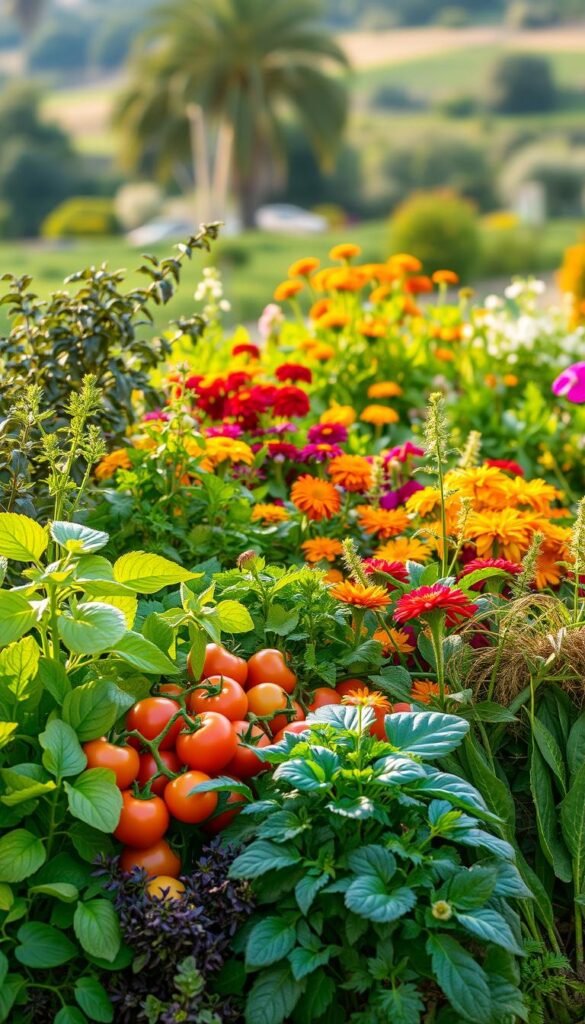 A lush, meticulously curated garden display featuring an assortment of ornamental and edible plants. In the foreground, vibrant leafy greens, vibrant herbs, and colorful vegetables like tomatoes, peppers, and carrots stand tall, their foliage glistening under soft, warm lighting. In the middle ground, a mix of flowering plants like marigolds, zinnias, and nasturtiums add pops of color and texture, creating a visually appealing contrast. The background features a blurred, out-of-focus landscape, allowing the edible and ornamental plants to take center stage. The overall composition evokes a sense of abundance, harmony, and a celebration of nature's bounty, perfectly suited for the "Selecting Edible Plants and Ornamental Varieties" section of the article.