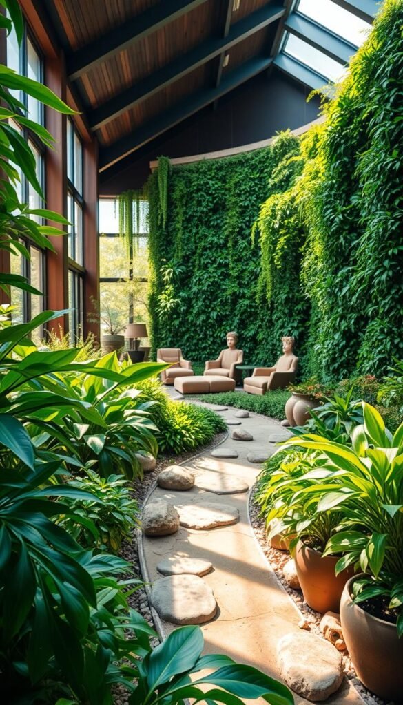 A lush, meticulously curated indoor green space, bathed in warm, natural lighting filtered through large windows. In the foreground, a variety of lush, thriving potted plants, their leaves gently swaying. The middle ground features a winding stone path, dotted with decorative river rocks, leading to a cozy seating area with plush, earth-toned furnishings. In the background, a stunning living wall, its verdant foliage cascading down to create a sense of depth and tranquility. The overall atmosphere is one of serene, harmonious biophilic design, inviting guests to relax and immerse themselves in the calming embrace of nature, indoors.
