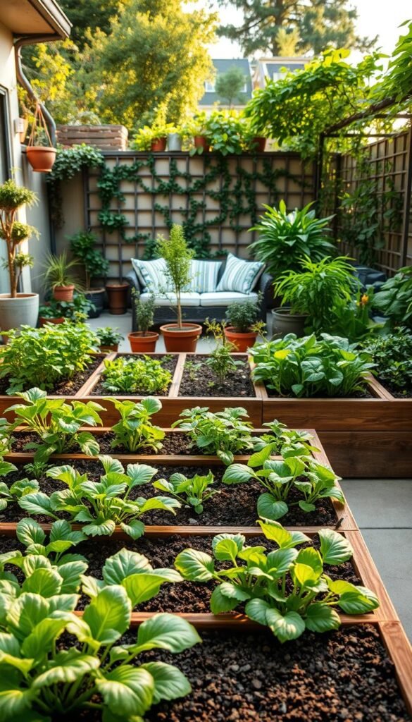 A lush, meticulously designed patio garden showcasing the beauty of square foot gardening layouts. In the foreground, raised garden beds with neatly arranged sections for various vegetables and herbs, their leaves glistening under the warm afternoon sun. In the middle ground, a mix of potted plants and small trees creating a sense of depth and layering. The background features a cozy seating area, with a trellis supporting verdant vines, inviting the viewer to imagine relaxing amidst this harmonious, productive outdoor oasis. The overall scene conveys a sense of tranquility and abundance, captured through a wide-angle lens with soft, diffused lighting that accentuates the verdant tones and natural textures.