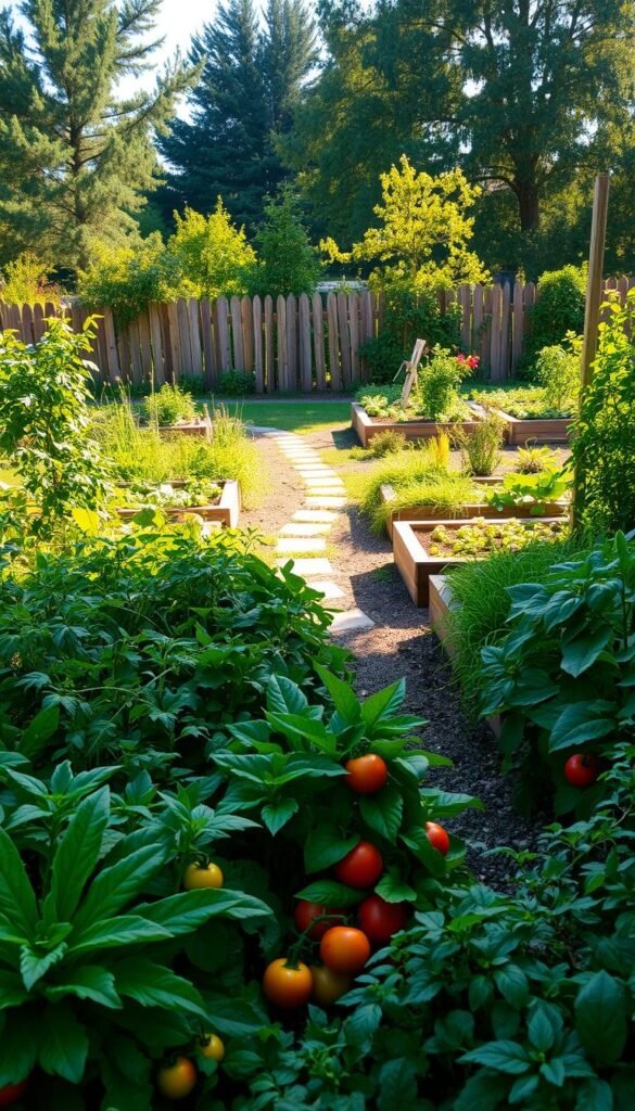 A lush, meticulously designed vegetable garden nestled in a tranquil, sun-dappled setting. In the foreground, vibrant leafy greens, plump tomatoes, and fragrant herbs form a tapestry of colors and textures. The middle ground features a meandering path flanked by neatly organized raised beds, showcasing a variety of heirloom vegetables. In the background, a rustic wooden fence frames the scene, and a soft, golden light filters through the surrounding trees, creating a warm, inviting atmosphere. The overall composition exudes a sense of harmony, balance, and the joyful celebration of nature's bounty.