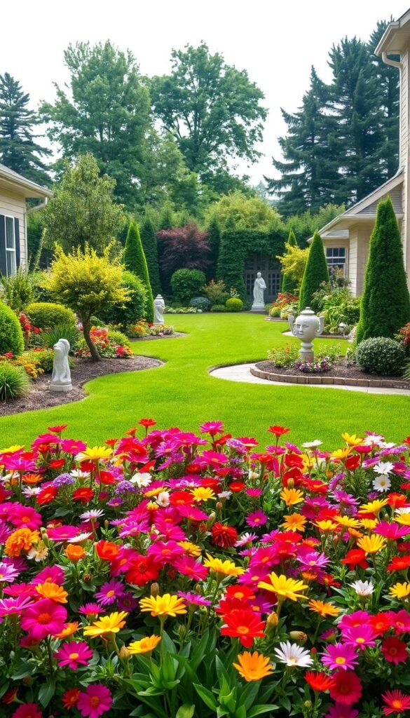 A lush, meticulously landscaped front yard with a captivating transformation. In the foreground, a vibrant and well-tended flower bed bursts with a colorful array of blooms, creating a warm and inviting atmosphere. The middle ground features a neatly trimmed lawn, dotted with strategically placed garden sculptures and ornaments that add a touch of whimsy. In the background, a carefully curated selection of trees and shrubs frames the scene, providing a natural and harmonious backdrop. The lighting is soft and diffused, lending a sense of tranquility and serenity to the overall composition. The camera angle is slightly elevated, allowing the viewer to take in the full scope of the transformation, from the manicured edges to the striking visual elements that come together to create a truly dazzling and inspirational front yard oasis.