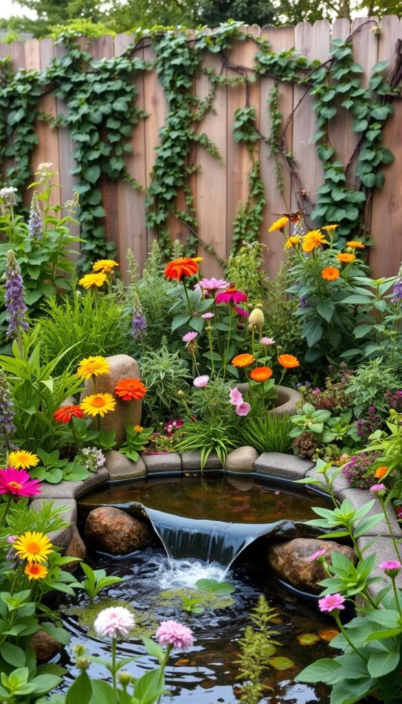 A lush, meticulously maintained square foot garden, its centerpiece a serene water feature. In the foreground, a tranquil pond with gently cascading waterfall, surrounded by verdant, vibrant plants ideal for pollinators. The middle ground showcases a variety of flowering perennials and herbs, their vibrant hues drawing in a myriad of butterflies and bees. In the background, a wooden fence entwined with climbing vines, creating a natural, secluded oasis. Soft, diffused natural lighting illuminates the scene, casting a warm, inviting glow. The overall atmosphere is one of peaceful harmony, where the garden's carefully curated water element seamlessly integrates with the surrounding pollinator-friendly plantings.