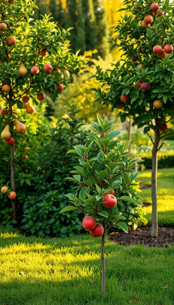 A lush, meticulously manicured garden with a variety of compact, dwarf fruit trees thoughtfully arranged. In the foreground, a well-pruned miniature apple tree, its vibrant red apples beckoning. Surrounding it, an assortment of other dwarf varieties, such as a compact pear tree, a diminutive cherry tree, and a petite plum tree, each laden with ripe, succulent fruits. The middle ground features a mix of verdant foliage, with the trees' branches casting delicate, dappled shadows on the neatly trimmed grass below. In the background, a warm, golden-hued afternoon light filters through, creating a cozy, inviting atmosphere. The scene exudes a sense of harmony and careful curation, showcasing the beauty and versatility of dwarf fruit tree varieties.