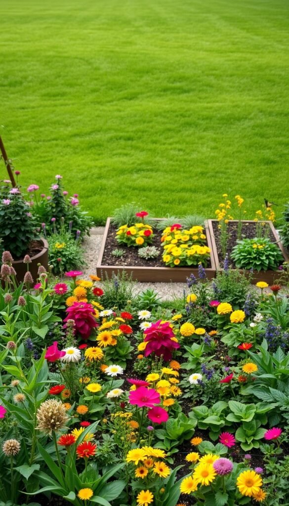 A lush, meticulously planned garden layout with a focus on pollinator-friendly plants. The foreground features a detailed square foot grid layout, each section filled with diverse flora in vibrant hues. The middle ground showcases neatly arranged garden beds, plants cascading over the edges. In the background, a verdant lawn frames the scene, gently undulating under a soft, diffused light. The overall composition evokes a sense of harmony, showcasing the beauty and functionality of a pollinator-friendly square foot garden design.