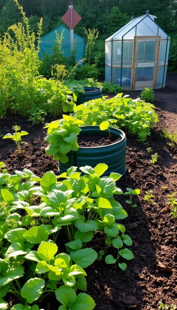 A lush, meticulously planned garden, showcasing efficient use of space and thriving soil. In the foreground, various vegetable and herb plants are arranged in neat rows, their leaves glistening under the warm, golden sunlight. The middle ground features a composting bin, surrounded by healthy, dark-colored soil, teeming with earthworms and other beneficial organisms. In the background, a small greenhouse stands, its transparent panels allowing for optimal temperature and humidity control. The scene exudes a sense of abundant productivity, harmony, and a deep connection to the natural world.