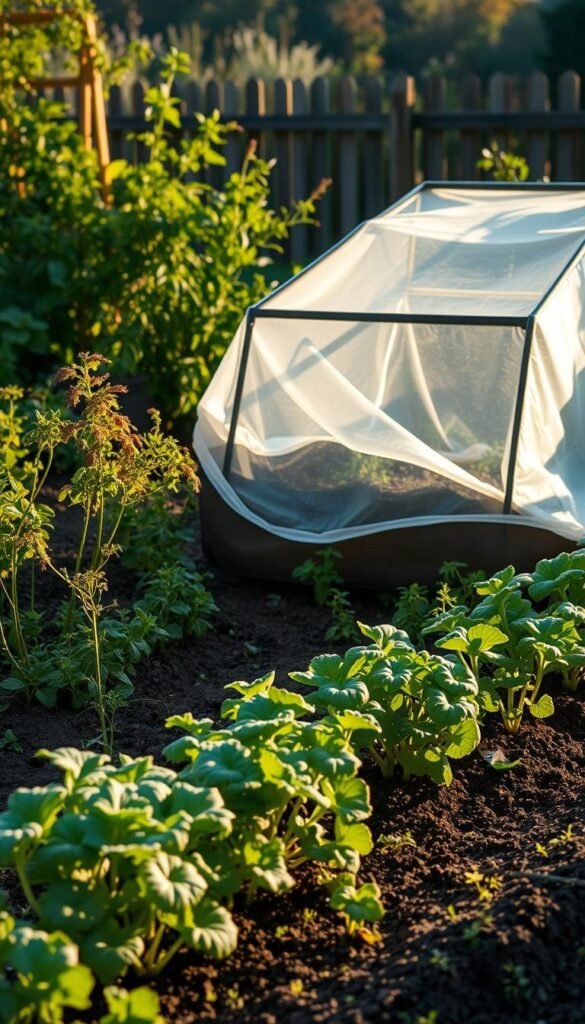A lush, meticulously tended no-dig garden with a mix of vegetables and herbs, bathed in soft, warm light. In the foreground, a row of hardy plants protected by a transparent frost cover, its folds gently rippling in a light breeze. The middle ground showcases a cold frame with a slightly opened lid, revealing the tender seedlings within. In the background, a wooden fence or trellis provides a natural windbreak, casting soft shadows across the scene. The overall atmosphere conveys a sense of careful cultivation and seasonal adaptation, inviting the viewer to discover the techniques that shield these plants from the elements.