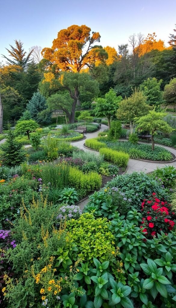 A lush, multi-layered food forest design sprawls across a backyard landscape. In the foreground, a mix of edible perennials and annual vegetables thrive in a carefully curated polyculture, their vibrant foliage and blooms creating a tapestry of colors and textures. The midground features a diverse array of fruit trees - apples, pears, plums - their branches heavy with ripe produce. In the background, towering nut trees and understory shrubs provide structure, shade, and additional food sources. The scene is bathed in warm, golden light, creating a serene and productive atmosphere. Winding pathways invite exploration, while strategically placed benches offer places to rest and observe the intricate, self-sustaining ecosystem.