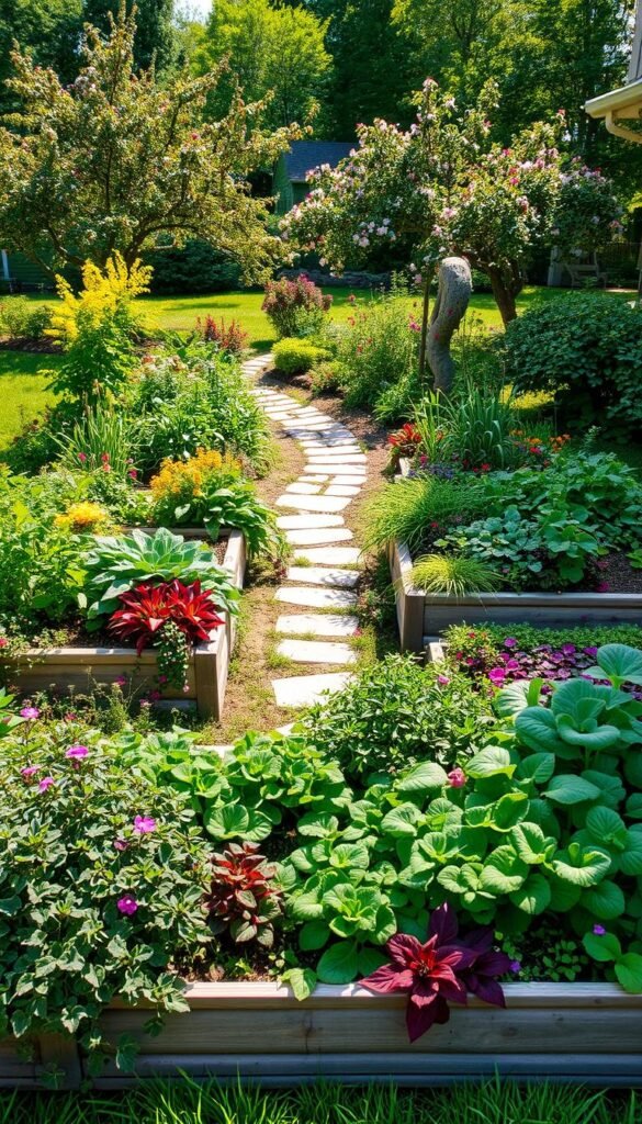 A lush, multi-season edible garden adorns a sun-dappled front yard. In the foreground, raised garden beds brim with vibrant vegetables and herbs, their colors and textures creating a captivating patchwork. Trailing vines and cascading flowers soften the edges, blending the productive and the ornamental. In the middle ground, a stone path winds through the garden, inviting exploration. Fruit trees and flowering shrubs dot the background, their seasonal blooms and harvests complementing the edible bounty. Soft, diffused lighting casts a warm, welcoming glow, highlighting the garden's abundant life and harmonious integration into the home's curb appeal.