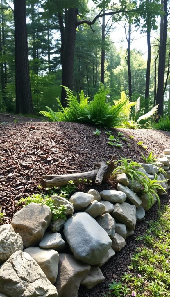 A lush, natural garden edging with a variety of organic materials, captured in a soft, diffused light. In the foreground, a mix of smooth river rocks, weathered wood, and cascading ferns create a textural border. The middle ground features a gentle mound of mulch, dotted with wildflowers and low-growing herbs. In the background, a backdrop of towering trees and dappled sunlight, conveying a serene, woodland ambiance. The scene radiates a sense of harmony and integration between the cultivated and the wild, inviting the viewer to explore the beauty of natural garden edging.