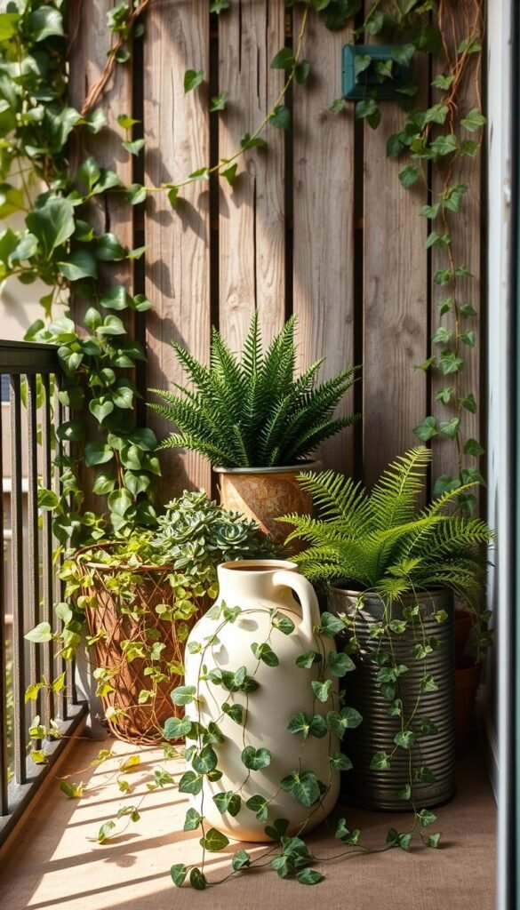 A lush, nature-inspired corner of a cozy balcony. In the foreground, an upcycled coffee tin overflows with cascading ivy and trailing succulents. Midground, a repurposed milk jug acts as a planter for a flourishing fern. Soft, natural light filters through the scene, casting gentle shadows and highlighting the textural beauty of the organic elements. The background features a weathered wooden trellis draped with climbing vines, creating a serene, earthy ambiance. Warm tones and muted hues evoke a sense of tranquility and harmony between the reclaimed decor and the vibrant natural forms.