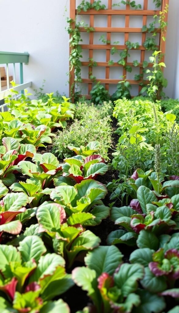 A lush, neatly organized balcony garden showcasing staggered crop planting techniques. In the foreground, rows of vibrant leafy greens, such as kale and chard, are planted in an offset pattern, maximizing the use of limited space. The middle ground features a mix of herbs, including basil, thyme, and rosemary, interspersed between the vegetable crops. In the background, a wooden trellis supports climbing vines, casting delicate shadows on the scene. The lighting is soft and natural, creating a serene, inviting atmosphere. The overall composition emphasizes the abundance and efficiency of the succession planting system, perfectly suited for a thriving balcony garden.