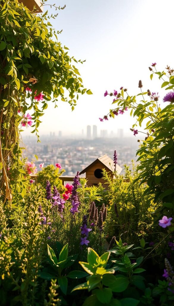 A lush, overflowing herb garden on a sunlit balcony, with vibrant green foliage and colorful blooms cascading over the edges. In the foreground, an assortment of fragrant herbs like rosemary, thyme, lavender, and mint, their leaves gently swaying in a light breeze. In the middle ground, a beehive nestled among the plants, its buzzing inhabitants darting from flower to flower, collecting nectar and pollen. In the background, a panoramic view of a city skyline, hazy and indistinct, creating a sense of tranquility and connection to nature. Warm, golden light filters through the scene, casting soft shadows and highlighting the organic textures of the plants. The overall atmosphere is one of harmony and abundance, inviting the viewer to immerse themselves in the restorative power of this urban oasis.