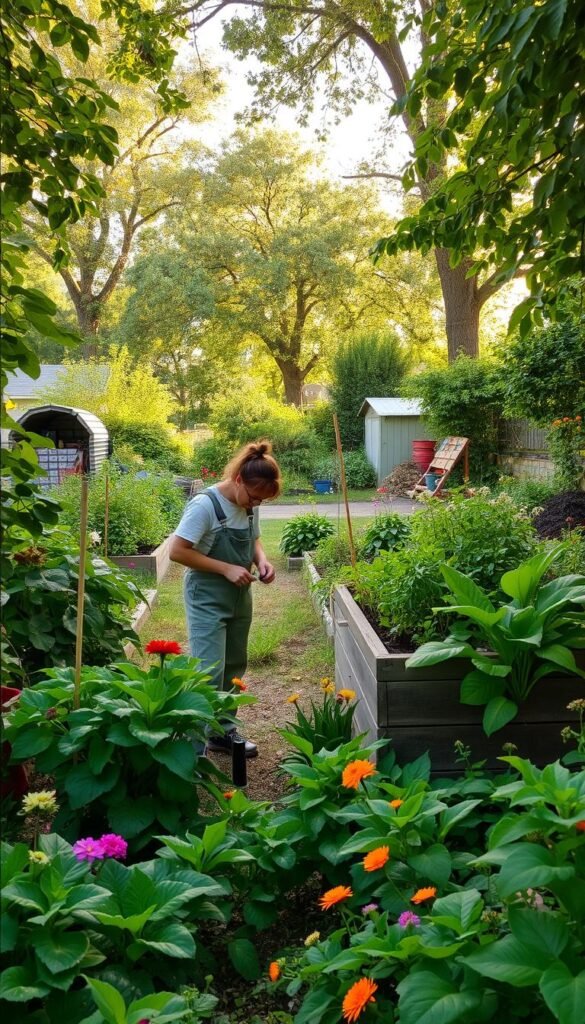 A lush, overgrown garden bursting with vibrant greenery and seasonal blooms. In the foreground, a gardener in overalls carefully tends to a raised planter, pruning and weeding with precision. Dappled sunlight filters through the canopy of trees in the middle ground, casting a warm, natural glow. In the background, a neatly organized tool shed and a compost pile hint at the ongoing maintenance required to sustain this verdant oasis. The scene exudes a sense of tranquility and the joy of tending to a thriving, harmonious garden ecosystem.