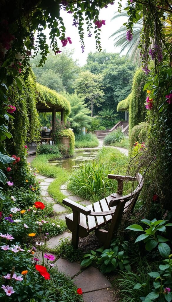 A lush, overgrown garden in a serene urban oasis, filled with a vibrant tangle of flora spilling over winding paths. In the foreground, a weathered bench sits amidst a profusion of blooming wildflowers and cascading vines, inviting contemplation. The middle ground features a small pond, its still waters reflecting the surrounding verdant foliage. Beyond, the background is bathed in soft, diffused natural light, creating a sense of tranquility and harmony. This scene embodies the philosophy of chaos gardening, where disorder and natural growth are embraced as a means of cultivating a restorative, meditative space within the confines of the city.