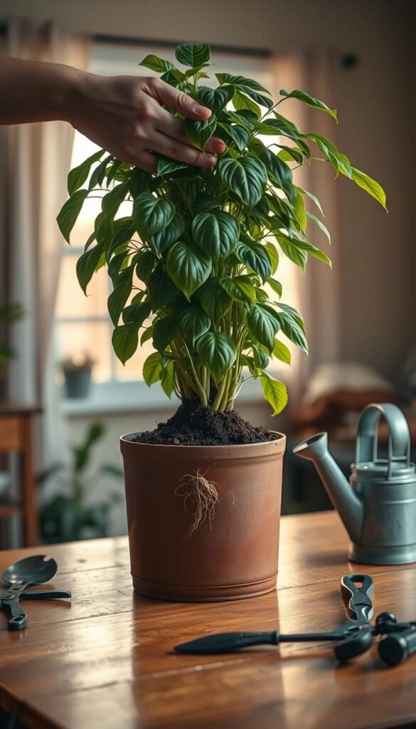 A lush, overwatered container plant sits on a wooden table, its leaves drooping and soil waterlogged. In the foreground, a gardener's hands gently lift the plant, exposing the saturated roots. In the middle ground, a selection of tools - a trowel, pruning shears, and a watering can - stand ready to aid the recovery process. The background is softly blurred, allowing the focus to remain on the plant and the restorative steps. Warm, natural lighting from a nearby window casts a gentle glow, illuminating the scene with a sense of calm and purpose. The overall mood is one of care and attentiveness, as the gardener works to revive the struggling plant.