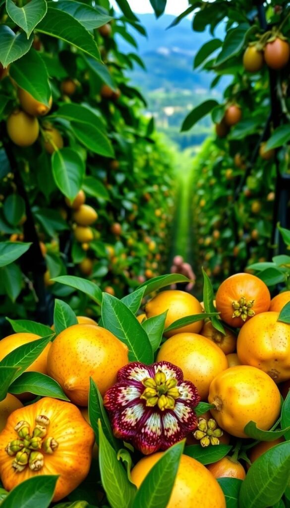 A lush passionfruit garden, showcasing an array of vibrant, ripe fruits in the foreground. The varieties on display include the deep purple-skinned Passiflora edulis, the golden-hued Passiflora incarnata, and the smaller, egg-shaped Passiflora tripartita. The fruits are captured in natural, soft lighting, highlighting their rich, textured skins and glistening interiors. The middle ground features the verdant, lush vines, with their distinctive three-lobed leaves and delicate, intricate flowers. In the background, a blurred, out-of-focus landscape evokes a sense of tranquility and abundance. The overall composition conveys a harmonious, visually striking representation of the diverse passionfruit varieties.