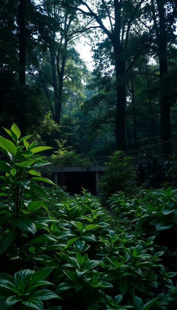 A lush, shade-tolerant garden nestled in a serene, dimly lit forest clearing. In the foreground, a diverse array of verdant plants thrive, their broad leaves gently swaying in the soft breeze. The middle ground features an array of leafy vegetables and herbs, their vibrant colors adding depth and texture to the scene. In the background, towering trees cast dappled shadows, creating a tranquil, atmospheric lighting that accentuates the garden's shaded ambiance. The overall composition conveys a sense of tranquility and the harmonious coexistence of shade-loving flora. Captured with a wide-angle lens to showcase the garden's natural, expansive setting.
