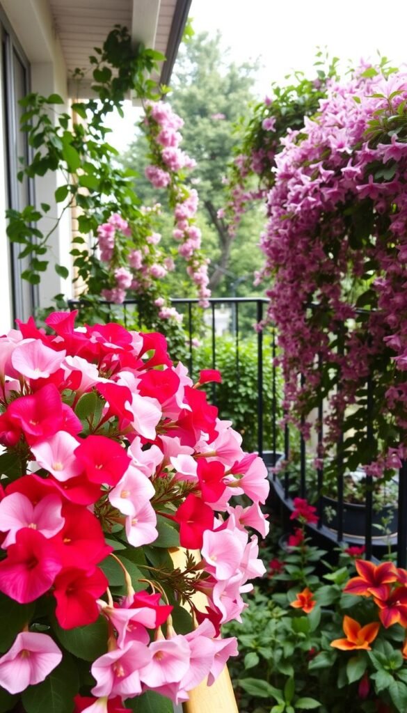 A lush, shaded balcony filled with vibrant, shade-loving flowers. In the foreground, a collection of delicate begonias, their waxy petals in shades of pink, red, and white, creating a soft, romantic display. In the middle ground, graceful fuchsias cascade over the railing, their delicate, bell-shaped blooms in hues of purple and lavender. In the background, a mix of leafy, low-growing plants like impatiens and coleus, adding depth and texture to the scene. The lighting is natural and diffused, creating a warm, inviting ambiance. The camera angle is slightly elevated, capturing the balcony's depth and the flowers' dreamy, enchanting qualities.