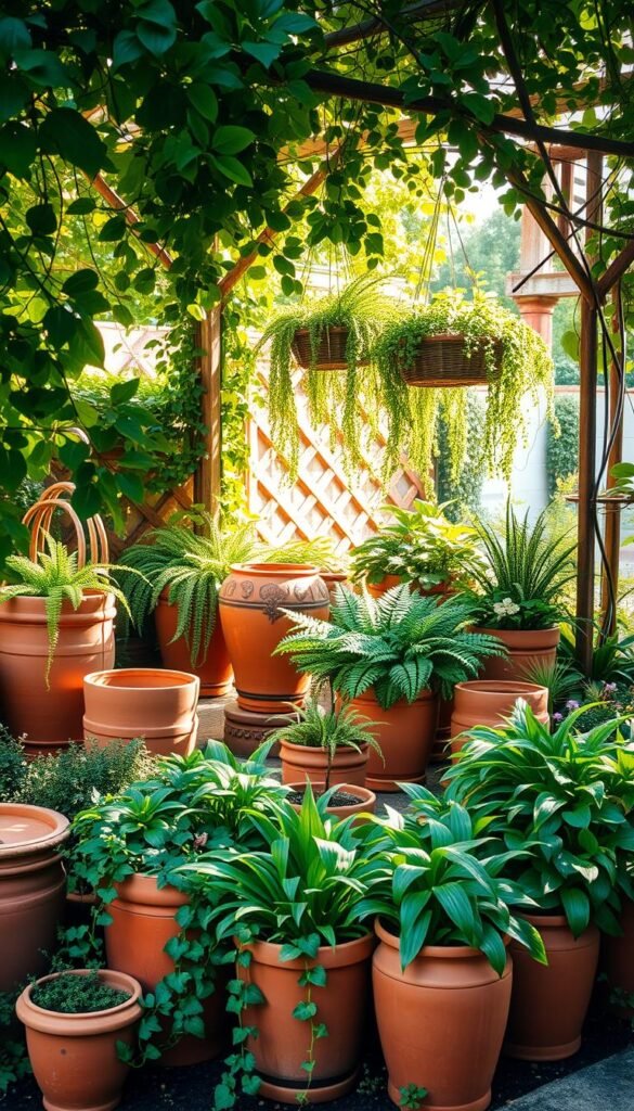 A lush, shaded garden oasis featuring an artful arrangement of terracotta pots and planters overflowing with verdant foliage. In the foreground, a cluster of terracotta pots in varying sizes and shapes, some with trailing vines cascading over the edges. The middle ground showcases larger planter boxes brimming with leafy ferns and low-light perennials, creating a natural, layered effect. In the background, a collection of hanging baskets suspends from a rustic trellis, their contents spilling gracefully downward. Dappled sunlight filters through the overhead canopy, casting a warm, inviting glow across the entire scene. The overall composition exudes a sense of peaceful tranquility, perfectly suited for a low-light container garden.