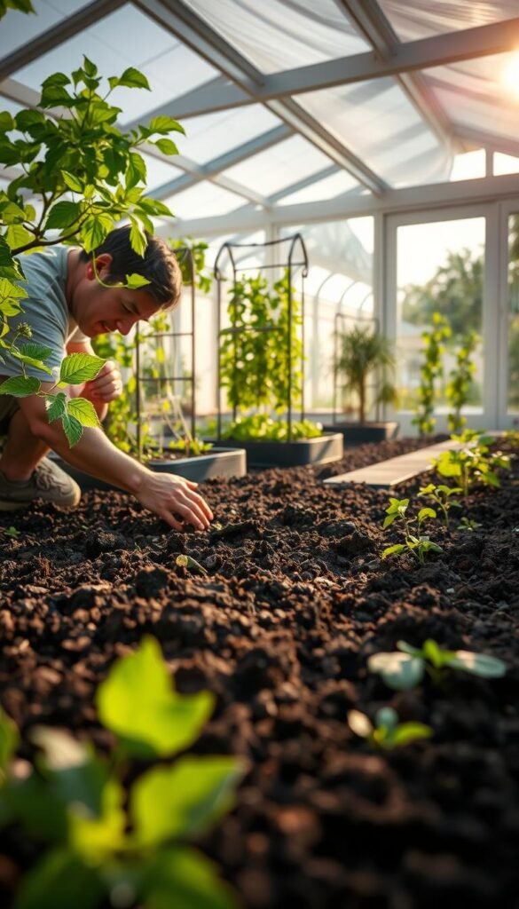 A lush, soil-based garden with rich, dark earth and verdant foliage. In the foreground, a gardener kneels, running their hands through the soil, assessing its texture and moisture content. The middle ground features raised garden beds and trellises, hinting at the potential for a hydroponic system. The background showcases a bright, sun-dappled patio or greenhouse, with glass panels filtering the natural light. The overall mood is one of thoughtful evaluation, as the gardener contemplates the transition from a traditional soil-based setup to a more sustainable, water-efficient hydroponic approach. Captured with a warm, golden-hour lens, the image conveys the importance of this critical assessment stage in the garden's transformation. A lush, soil-based garden with rich, dark earth and verdant foliage. In the foreground, a gardener kneels, running their hands through the soil, assessing its texture and moisture content. The middle ground features raised garden beds and trellises, hinting at the potential for a hydroponic system. The background showcases a bright, sun-dappled patio or greenhouse, with glass panels filtering the natural light. The overall mood is one of thoughtful evaluation, as the gardener contemplates the transition from a traditional soil-based setup to a more sustainable, water-efficient hydroponic approach. Captured with a warm, golden-hour lens, the image conveys the importance of this critical assessment stage in the garden's transformation.