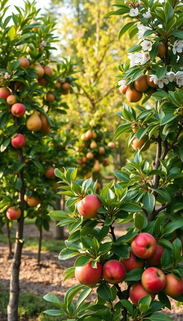 A lush, space-efficient fruit tree orchard in soft afternoon light. In the foreground, a dwarf apple tree with full, vibrant red apples nestled among its verdant foliage. In the middle ground, a compact pear tree with clusters of golden-hued fruit. In the background, a graceful plum tree with delicate pink blossoms. The trees are artfully arranged in a carefully planned layout, maximizing the available space. The scene conveys a sense of abundance and harmony, inviting the viewer to imagine the bounty and flavor of these carefully cultivated, space-saving fruit trees.