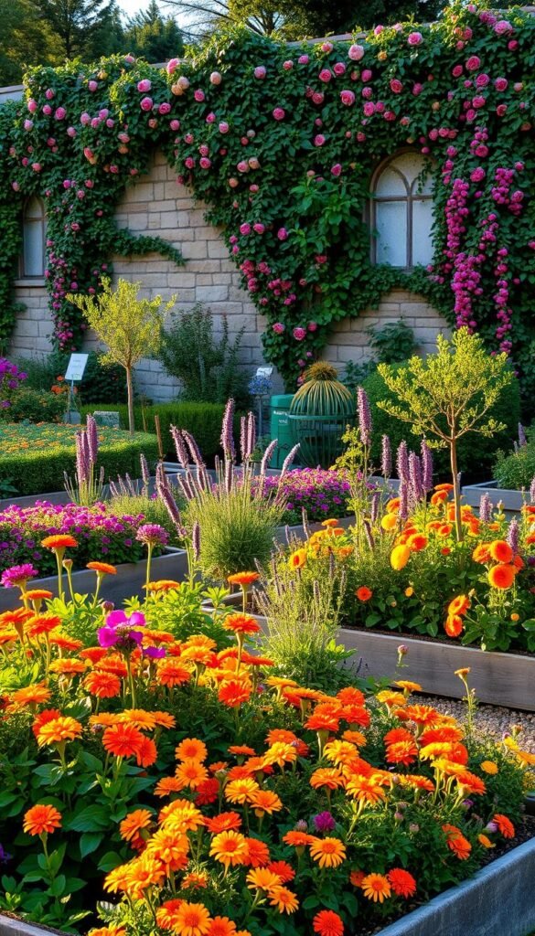 A lush, sprawling edible ornamental garden bathed in soft, warm afternoon light. In the foreground, a profusion of colorful edible flowers - marigolds, nasturtiums, calendula - spilling over the edges of raised planting beds. Mid-ground, a mix of ornamental and fruit-bearing plants - dwarf citrus trees, espalier apple and pear, fragrant lavender, and cascading vines of ruby-red currants. The background features a picturesque stone wall enveloped in climbing roses and flowering vines, hinting at the tranquil, secluded nature of this enchanting space. The overall composition evokes a sense of abundance, beauty, and harmony between the practical and the aesthetic.