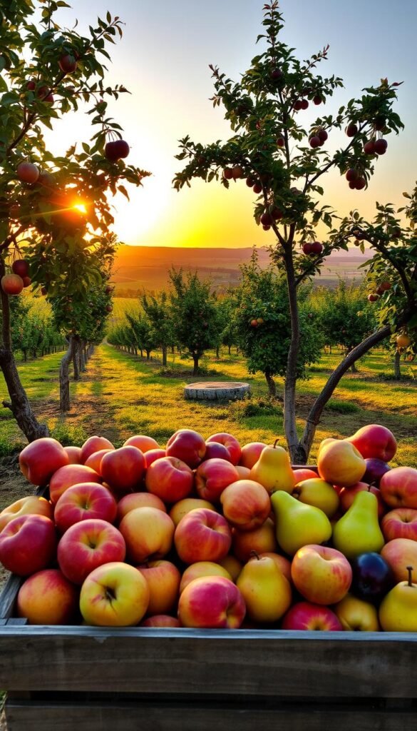 A lush, sprawling fruit tree orchard set against a warm, golden sunset. In the foreground, an array of ripe, vibrant fruits - apples, pears, peaches, and plums - displayed on a wooden crate, showcasing their distinctive shapes, colors, and textures. In the middle ground, several mature fruit trees of varying species stand tall, their branches heavy with bountiful yields. The background features a picturesque countryside landscape, with rolling hills and a clear, azure sky. The scene is bathed in soft, directional lighting, creating captivating shadows and highlights that accentuate the natural beauty of the orchard. The overall mood is one of abundance, tranquility, and the joyful celebration of nature's gifts.