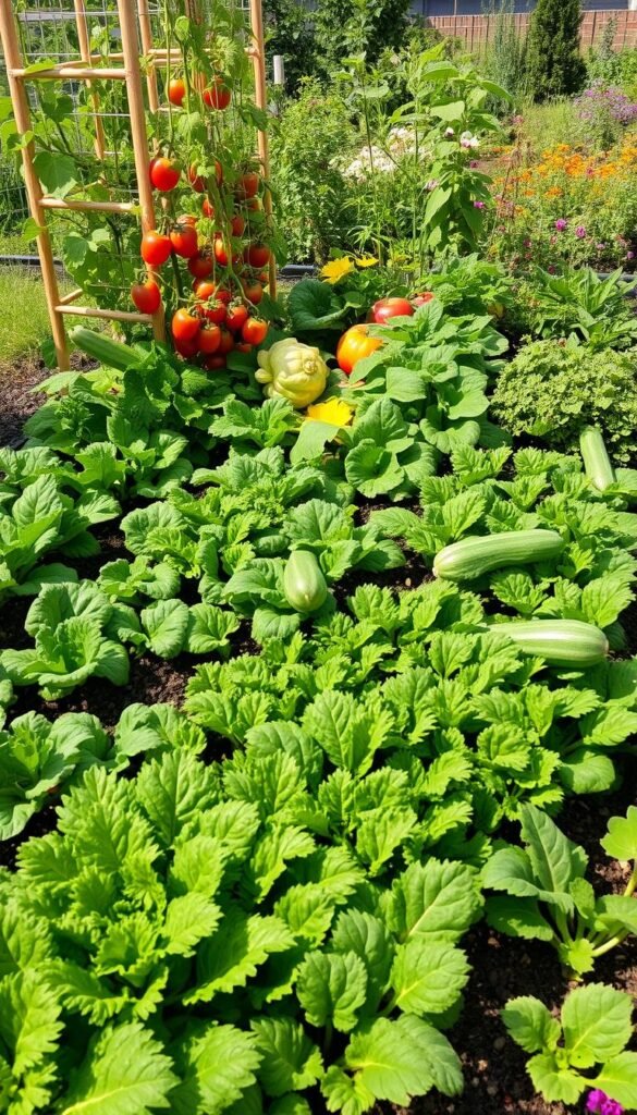 A lush square foot garden filled with a vibrant assortment of high-yield crops. In the foreground, rows of leafy greens like kale, swiss chard, and lettuce thrive under the warm, filtered light. In the middle ground, tomato vines climb trellises, peppers and radishes burst with color, while zucchini and cucumbers sprawl along the ground. The background features a mix of flowering herbs and companion plants, creating a harmonious, productive scene. The overall composition conveys a sense of abundance, order, and the beauty of an intensive, small-scale vegetable garden.