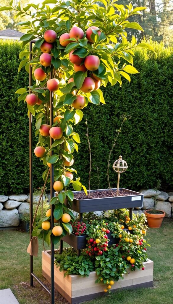 A lush suburban backyard with a central focal point of vertical fruit growing techniques. In the foreground, a vibrant vertical trellis system supports a flourishing apple tree, its branches laden with ripe, glistening fruit. The middle ground showcases a tiered planter system, each level brimming with cascading berry vines and dwarf citrus trees. Warm, diffused natural lighting bathes the scene, creating a serene and inviting atmosphere. The background features a low stone wall, behind which a dense, verdant hedge provides a natural boundary. The overall composition emphasizes the harmonious integration of edible landscaping into a compact, urban-friendly setting.