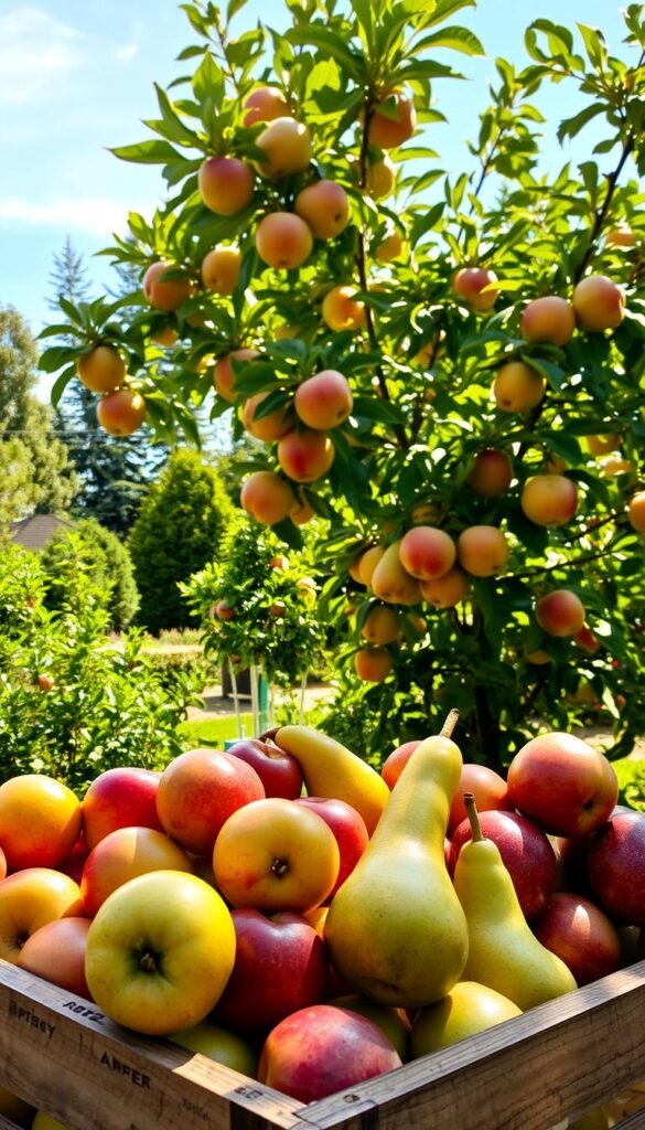 A lush, sun-dappled backyard fruit garden, showcasing an array of freshly harvested homegrown produce. In the foreground, a wooden crate overflows with ripe, juicy apples, pears, and plums, their vibrant colors and organic shapes inviting the viewer to reach out and touch them. The middle ground features a thriving apple tree, its branches heavy with glossy, blushing fruit, set against a backdrop of verdant foliage and a clear, azure sky. Warm, golden sunlight filters through the leaves, casting a gentle glow over the scene and highlighting the natural textures and contours of the fruit. The overall atmosphere conveys the joy, health, and self-sufficiency of growing one's own nourishing produce in a backyard oasis.