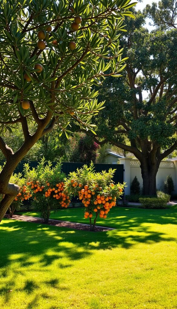 A lush, sun-dappled backyard showcasing a bountiful selection of fruit trees, nut trees, and citrus varieties. In the foreground, a gnarled, twisted olive tree casts soft shadows across the well-tended lawn. A row of vibrant orange citrus trees, their branches heavy with ripe fruit, stands tall in the middle ground. Further back, a majestic pecan tree with its distinctive leaves and edible nuts shares the frame with a flourishing fig tree, its broad leaves rustling in the gentle breeze. The scene is illuminated by warm, golden sunlight filtering through the canopy, creating a serene, inviting atmosphere perfect for a backyard food oasis.