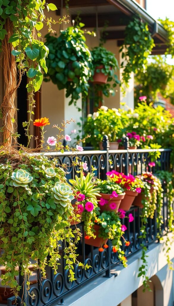 A lush, sun-dappled balcony with a wrought-iron railing adorned with a variety of potted plants and cascading vines. In the foreground, a mix of trailing succulents, fragrant herbs, and brightly colored flowers spill over the railing's edge. The middle ground features a collection of potted blooms, arranged in a visually-appealing, asymmetrical pattern. In the background, the railing continues to support a diverse assortment of greenery, creating a verdant, nature-inspired oasis. The scene is bathed in warm, golden light, casting a soft, inviting glow and natural shadows across the arrangement. The overall composition conveys a sense of abundance, creativity, and a harmonious integration of flora and architecture.