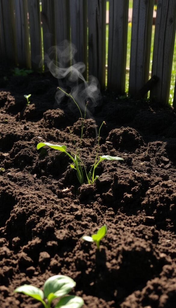 A lush, sun-dappled garden bed, the soil freshly tilled and crumbling under the hand of a weathered farmer. Rows of upturned earth, dark and rich, ready to receive the awaiting seeds. Wisps of steam rise from the soil, hinting at the verdant life soon to burst forth. Delicate tendrils of new growth push through the loamy surface, while a gentle breeze carries the earthy scent of fertile ground. The scene is framed by a weathered wooden fence, casting soft shadows across the scene. A sense of quiet anticipation permeates the air, as the garden prepares to spring forth with vibrant, nourishing produce. A lush, sun-dappled garden bed, the soil freshly tilled and crumbling under the hand of a weathered farmer. Rows of upturned earth, dark and rich, ready to receive the awaiting seeds. Wisps of steam rise from the soil, hinting at the verdant life soon to burst forth. Delicate tendrils of new growth push through the loamy surface, while a gentle breeze carries the earthy scent of fertile ground. The scene is framed by a weathered wooden fence, casting soft shadows across the scene. A sense of quiet anticipation permeates the air, as the garden prepares to spring forth with vibrant, nourishing produce.