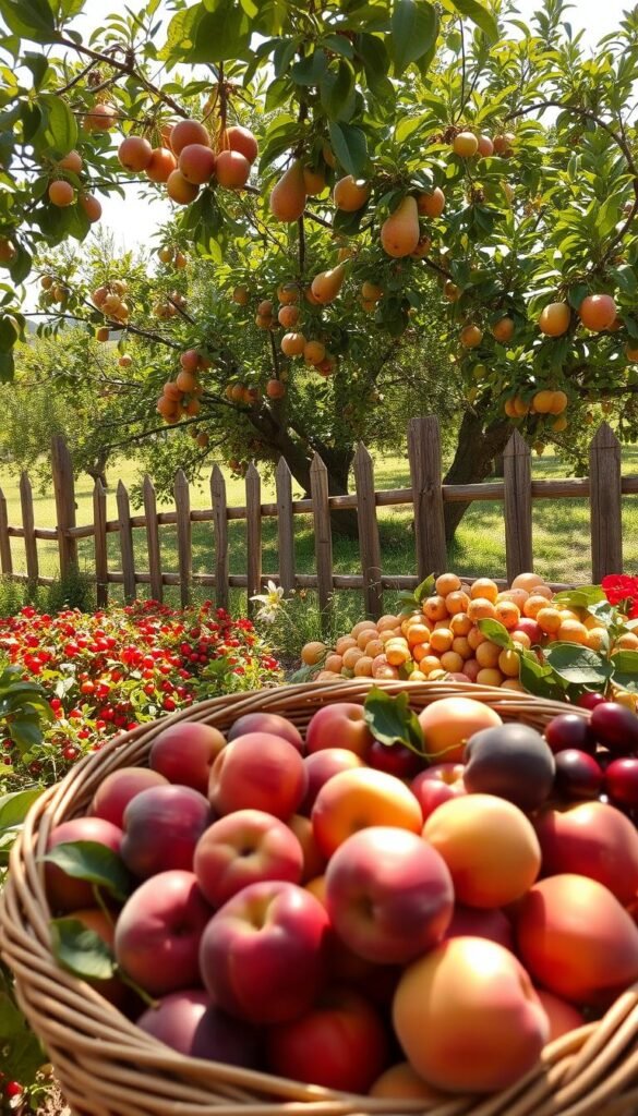 A lush, sun-dappled garden overflowing with vibrant, freshly-picked homegrown fruits. In the foreground, a wicker basket brimming with ripe, juicy peaches, plums, and cherries, their colors deepening in the warm light. Behind it, a verdant orchard of apple, pear, and citrus trees, their branches heavy with bountiful yields. Dappled sunlight filters through the canopy, casting a soft, golden glow over the scene. In the distance, a weathered wooden fence frames the idyllic setting, hinting at the serene, pastoral landscape beyond. The overall mood is one of abundance, vitality, and the pure, unadulterated joy of harvesting the fruits of one's own labor.