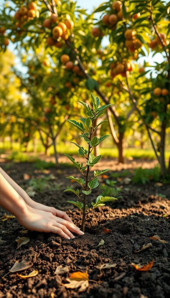A lush, sun-dappled garden scene of a person carefully planting a young fruit tree. Foreground shows their hands gently pressing the sapling into a freshly dug hole, surrounded by loose, dark soil and a scattering of fallen leaves. Middle ground reveals a variety of established fruit trees in the background, their branches heavy with ripe, colorful produce. Warm, golden light filters through the canopy, casting soft shadows and imbuing the scene with a sense of tranquility and growth. The overall composition conveys the thoughtful, nurturing act of incorporating new fruit plants into an existing landscape.