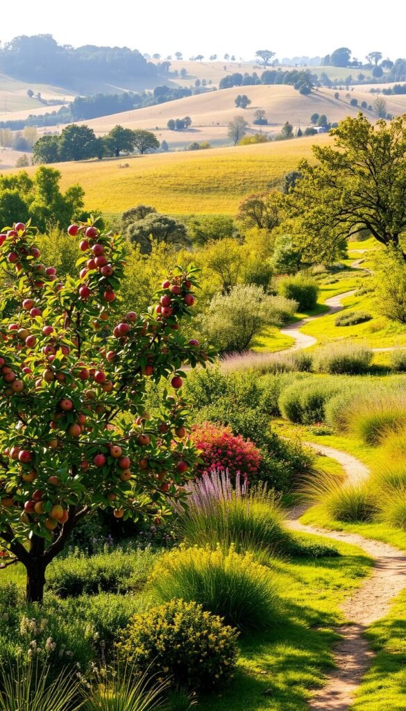 A lush, sun-dappled landscape with a vibrant array of fruit trees gracefully integrated into the natural setting. In the foreground, a small orchard of apple, pear, and cherry trees in full bloom, their branches heavy with ripe, colorful fruits. The middle ground features a winding path that meanders through a mix of flowering shrubs and ornamental grasses, inviting the viewer to explore. In the background, rolling hills dotted with clusters of oak and maple trees provide a serene, pastoral backdrop. Soft, warm lighting filters through the canopy, casting a gentle glow over the scene. The overall composition emphasizes the harmonious integration of fruit-bearing plants within an established landscape design.