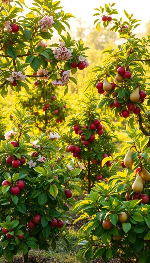 A lush, sun-dappled orchard filled with a variety of dwarf fruit tree specimens, their vibrant foliage and compact canopies contrasting against a soft, hazy background. In the foreground, several cultivars are showcased, including a miniature apple tree with delicate pink blossoms, a dwarf cherry tree laden with glossy red fruit, and a compact pear tree with thick, waxy leaves. The middle ground features additional dwarf trees in various stages of maturity, their branches laden with an abundance of produce. Warm, golden light filters through the trees, casting a gentle glow over the scene and creating a serene, inviting atmosphere. The overall composition emphasizes the versatility and space-saving benefits of these smaller-scale fruit tree varieties, perfect for the small-scale fruit garden.