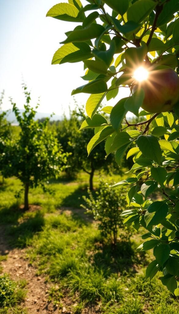 A lush, sun-dappled orchard garden, with verdant fruit trees basking in the warm rays of the sun. In the foreground, a close-up view of a mature apple tree, its leaves gently swaying, showcasing the ideal sunlight requirements for healthy fruit production. The middle ground reveals a diverse array of citrus, stone fruit, and pome fruit trees, strategically spaced to maximize their exposure to the sun's nurturing energy. In the background, a soft, hazy horizon hints at the gentle progression of the day, underscoring the importance of understanding the sun's patterns and its impact on the thriving small orchard. Evocative, naturalistic lighting and a focus on the interplay of light and shadow lend an air of tranquility and horticultural harmony to the scene.