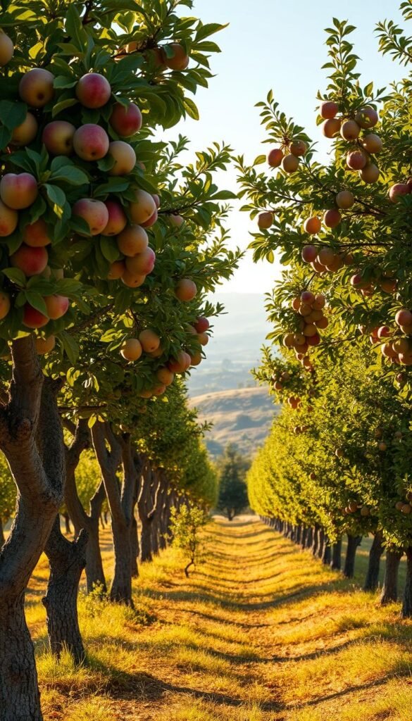 A lush, sun-dappled orchard in the golden hour, showcasing a diverse array of fruit tree varieties and sizes. In the foreground, gnarled trunks and full, vibrant canopies of apple, pear, and plum trees, their branches heavy with ripe, glossy fruit. In the middle ground, a mix of smaller, semi-dwarf citrus trees and larger, towering peach and nectarine trees, their blossoms and leaves dancing in a gentle breeze. The background fades into a serene, hazy landscape of rolling hills and a clear, azure sky. The scene is bathed in a warm, golden light, creating a timeless, idyllic atmosphere that captures the essence of a thriving, well-planned fruit tree orchard.