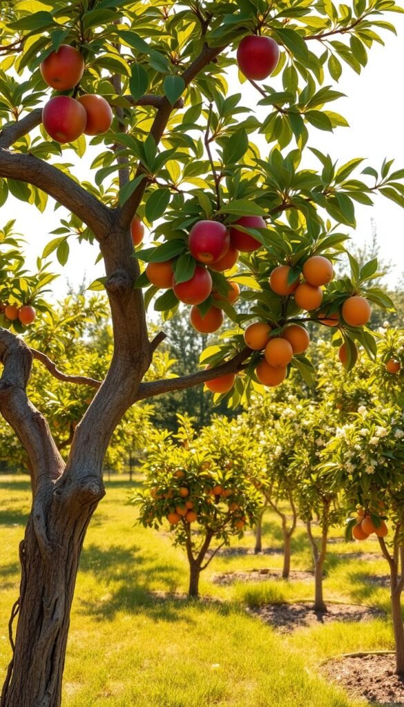 A lush, sun-dappled orchard of beginner-friendly fruit trees, their branches laden with ripe, colorful produce. In the foreground, a gnarled apple tree with glossy red apples, its twisted trunk and spreading canopy creating interesting shadows. In the middle ground, a dwarf citrus tree bursting with juicy oranges, its vibrant green leaves rustling gently in a light breeze. Beyond, a row of compact, well-pruned pear trees, their delicate white blossoms drifting through the air. The scene is bathed in warm, golden light, evoking a sense of tranquility and abundance - the perfect setting for new gardeners to discover the joys of growing their own fruit.