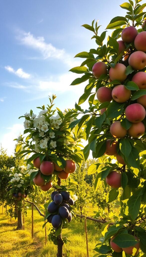 A lush, sun-dappled orchard scene featuring several self-pollinating fruit trees. In the foreground, a mature apple tree with blushing red and yellow apples hangs heavy with ripe fruit. Nearby, a compact pear tree is adorned with clusters of creamy white blossoms. The middle ground showcases a plum tree, its purple-hued globes peeking through the verdant foliage. Warm, golden light filters through the leaves, casting a soft, romantic glow over the tranquil setting. Wispy clouds drift across a bright, azure sky. The overall atmosphere is one of natural abundance and serene productivity, inviting the viewer to imagine the flavorful delights these self-sustaining trees could provide.