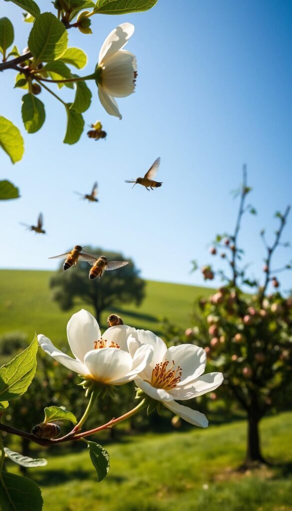 A lush, sun-dappled orchard scene showcasing the harmonious pollination partners of apples and pears. In the foreground, an apple blossom and a pear blossom intertwine, their delicate petals softly illuminated by natural light. Surrounding them, a mix of pollinators - bees, butterflies, and hummingbirds - flit from flower to flower, facilitating the exchange of pollen. In the middle ground, a mature apple tree and a mature pear tree stand side by side, their branches heavy with ripe fruit. The background features a gently rolling green hillside, with a clear blue sky overhead, creating a serene and bucolic atmosphere conducive to optimal cross-pollination.