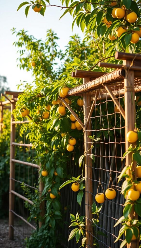 A lush, sun-dappled passion fruit garden in the background, with DIY trellis structures made from upcycled materials taking center stage. In the foreground, a variety of creative supports are showcased - sturdy wooden trellises, woven vine arches, and suspended wire frames. The structures are adorned with the vibrant green vines and lush yellow passion fruit, creating a visually captivating scene. The warm, golden lighting casts a natural, rustic ambiance, highlighting the handcrafted, eco-friendly nature of the DIY projects. The overall composition emphasizes the intersection of practicality and artistic expression, inspiring viewers to explore their own passion for sustainable gardening solutions.