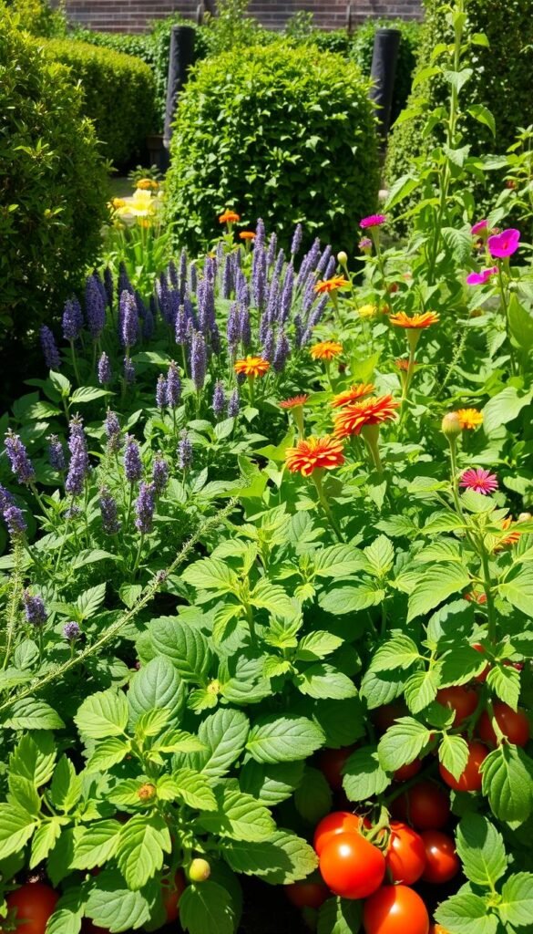A lush, sun-dappled small garden, filled with a harmonious arrangement of vibrant vegetable plants, flowering companions, and verdant foliage. In the foreground, rows of leafy greens and plump tomatoes thrive together, their leaves intertwined. The midground showcases a riot of color, with purple-petaled lavender, fragrant marigolds, and trailing vines of sweet peas creating a natural tapestry. Shrubs and taller plants in the background frame the scene, casting soft shadows that add depth and dimension. The overall atmosphere is one of abundance, balance, and the synergistic beauty of companion planting in a cozy, urban space.