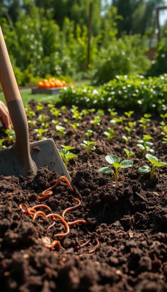A lush, sun-dappled vegetable garden, with a gardener tending to the soil. In the foreground, a shovel delicately turns the rich, dark earth, revealing the underlying texture and structure. Clusters of earthworms and organic matter are visible, indicating a healthy, nutrient-dense soil. In the middle ground, rows of young seedlings and plants stand ready to be nourished by the freshly prepared soil. The background features a verdant, well-established garden, hinting at the bountiful harvest to come. The lighting is soft and warm, creating a serene, inviting atmosphere. The camera angle is slightly elevated, allowing the viewer to take in the full scope of the soil preparation process, a crucial step in creating a thriving, year-round vegetable and fruit garden.