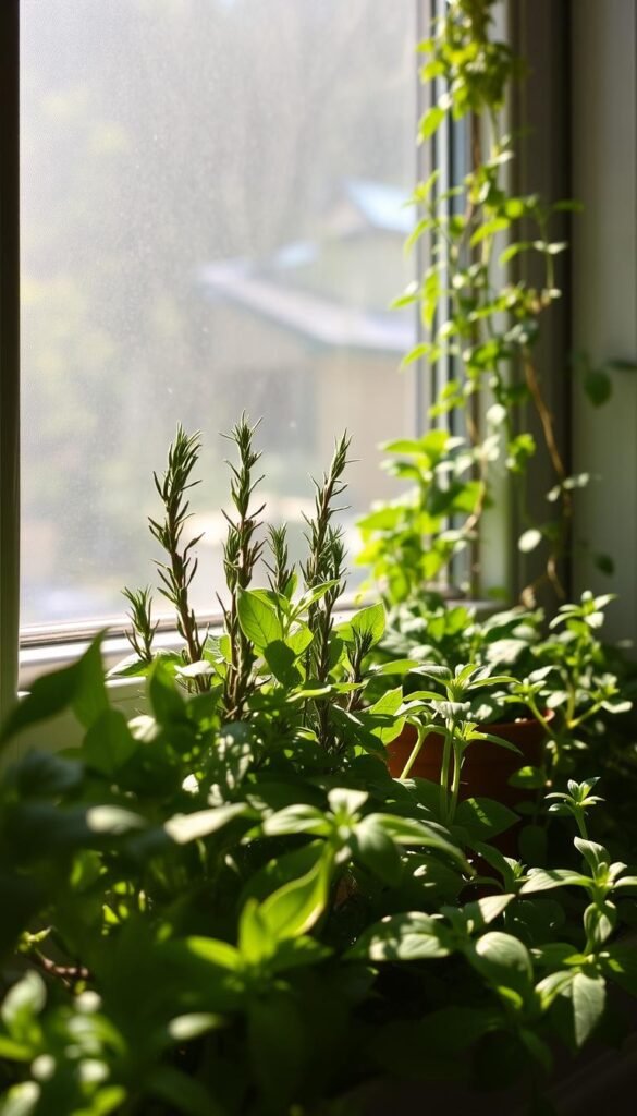 A lush, sun-dappled windowsill, home to a thriving herb garden. In the foreground, resilient basil leaves stretch towards the light, their verdant hues glowing against the gently diffused rays filtering through the glass. In the middle ground, delicate rosemary sprigs twist and turn, their needle-like foliage defying the limited space. In the background, a vibrant mint plant climbs upwards, its tendrils twisting and curling, embracing the challenges of the confined environment. The scene exudes a sense of quiet triumph, as the herbs overcome the constraints of their setting, basking in the soft, warm illumination that bathes the scene in a serene, hopeful ambiance.