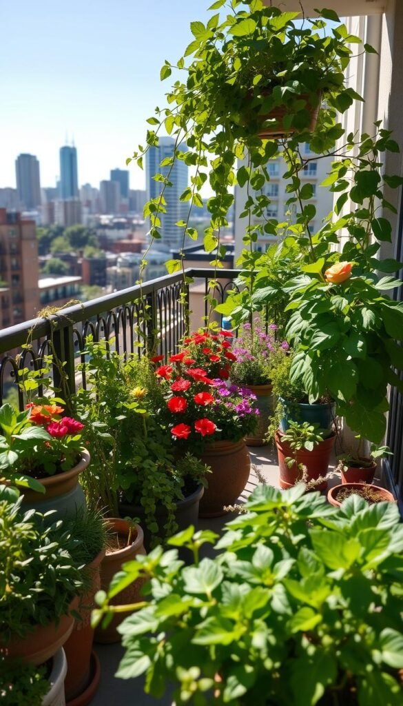 A lush, sun-drenched balcony garden in the foreground, brimming with an array of thriving potted plants. In the middle ground, a mix of trailing vines, vibrant flowering annuals, and robust herbs cascade from decorative planters. In the background, a cityscape with high-rise buildings and a clear blue sky, suggesting an urban oasis. Soft, diffused lighting illuminates the scene, casting gentle shadows and highlighting the verdant foliage. The overall composition conveys a sense of tranquility and the joy of small-space gardening, perfect for an article on balcony horticulture.