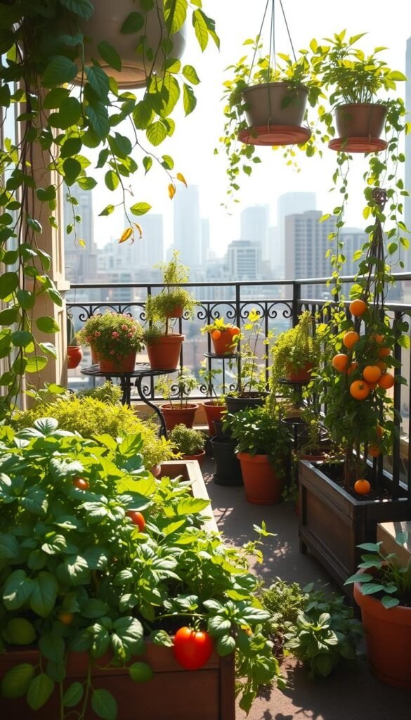 A lush, sun-drenched urban balcony featuring a vibrant vegetable garden. In the foreground, a wooden raised planter box overflows with thriving leafy greens, herbs, and compact tomato plants. Trailing vines cascade from hanging planters, creating a verdant, cascading effect. The middle ground showcases a mix of colorful potted plants, including compact dwarf citrus trees and trailing flowering vines. In the background, the city skyline is visible through the wrought-iron railing, adding a sense of place. The scene is bathed in warm, natural light, creating a serene, inviting atmosphere for an urban oasis.