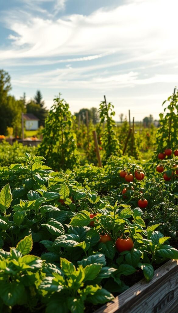 A lush, sun-drenched vegetable garden nestled in a raised bed, its plants thriving under the gentle warmth of a longer growing season. In the foreground, leafy greens and vibrant vegetables stand tall, their verdant hues glistening in the soft, diffused light. The middle ground reveals a flourishing array of tomato vines, their ripening fruit a testament to the extended season. In the background, a tranquil sky with wispy clouds sets the scene, creating a sense of abundance and calm. The entire composition is bathed in a warm, golden glow, conveying the benefits of raised bed gardening and the joys of a bountiful harvest.
